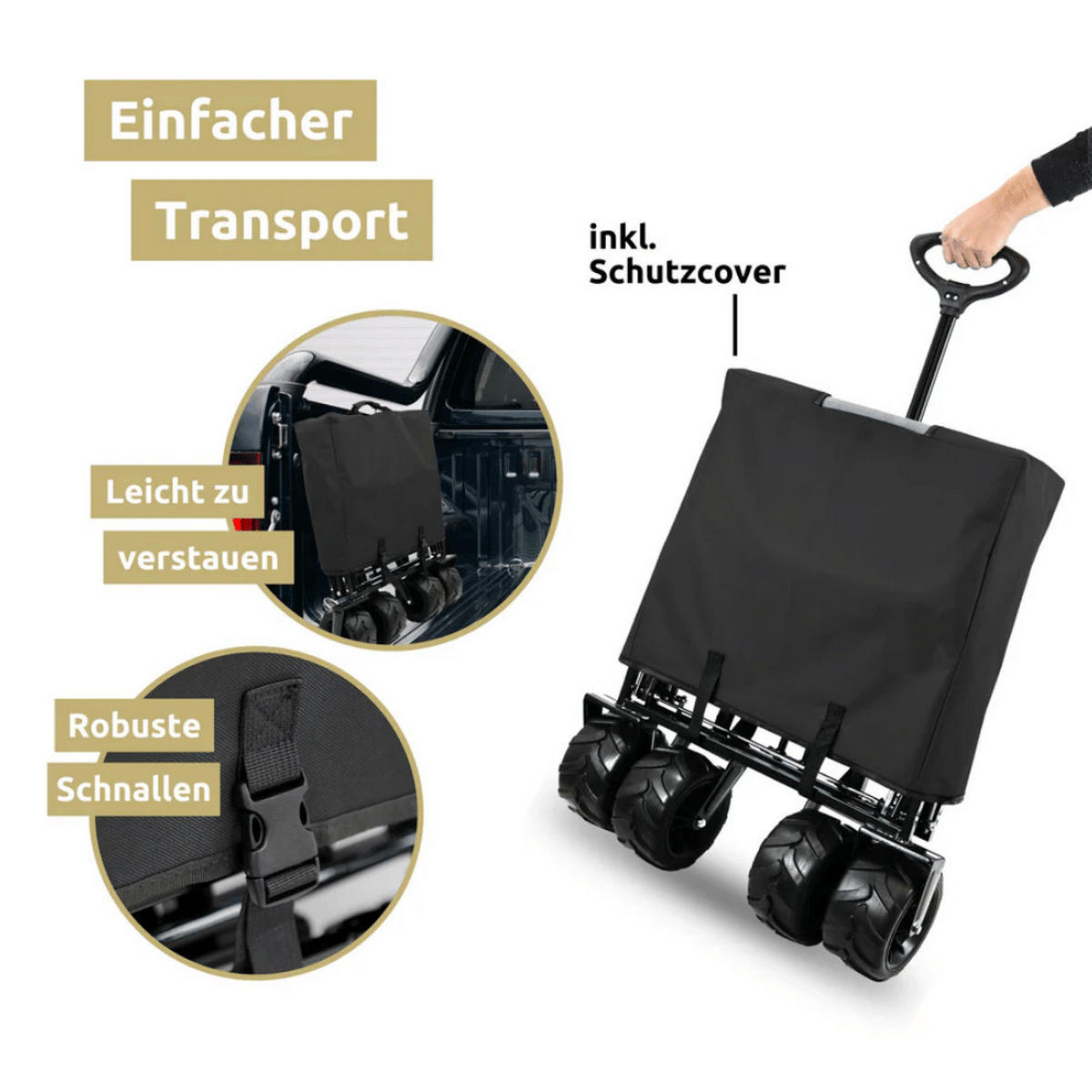 BOLLERWAGEN faltbar CALLI Extra Breite Reifen Schwarz - Schwarz, Metall (100/100/60cm) - DELUKE