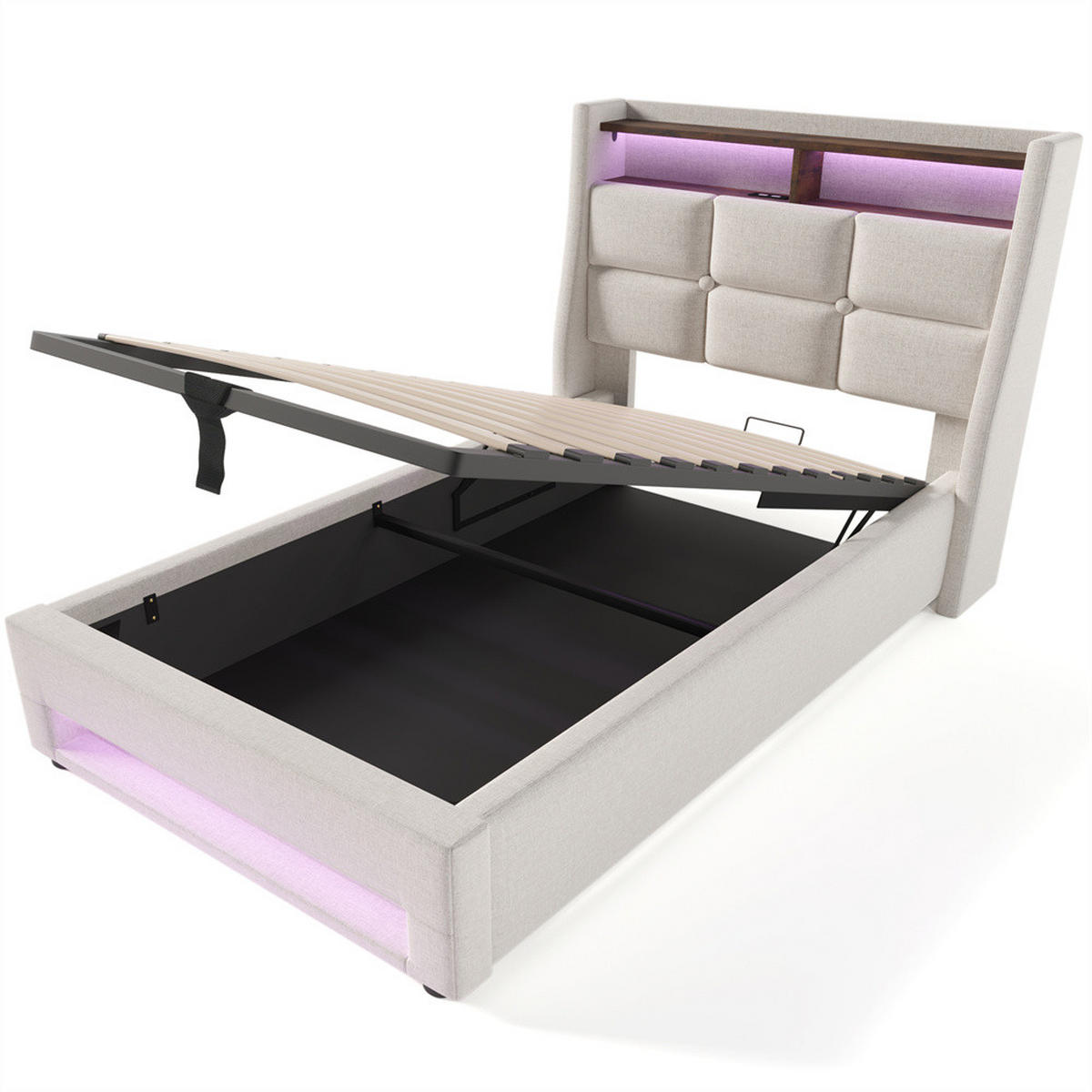 POLSTERBETT 90/200 cm in Linen mit USB - Beige, Holz/Textil (90/200cm) - KOMHTOM