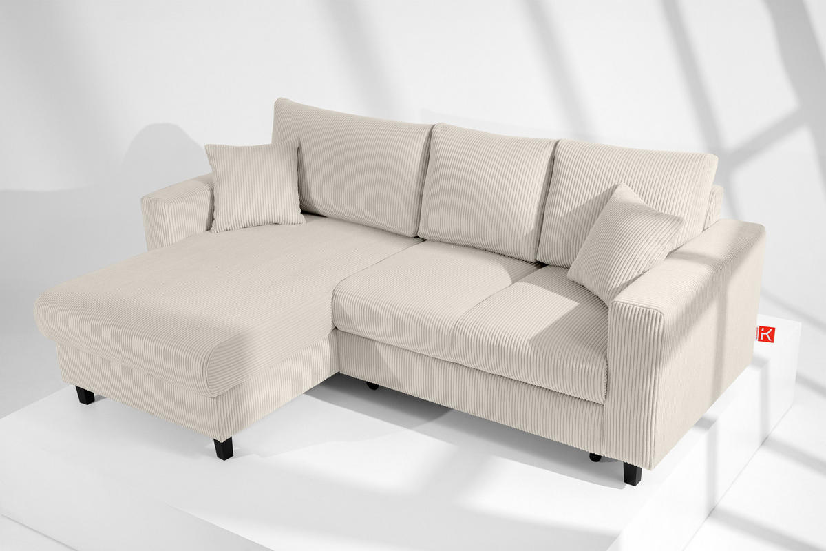ECKSCHLAFSOFA EGRET Links mit Bettkasten, Cord-Stoff, cremefarben - Creme, Textil (234/90cm) - KONSIMO®