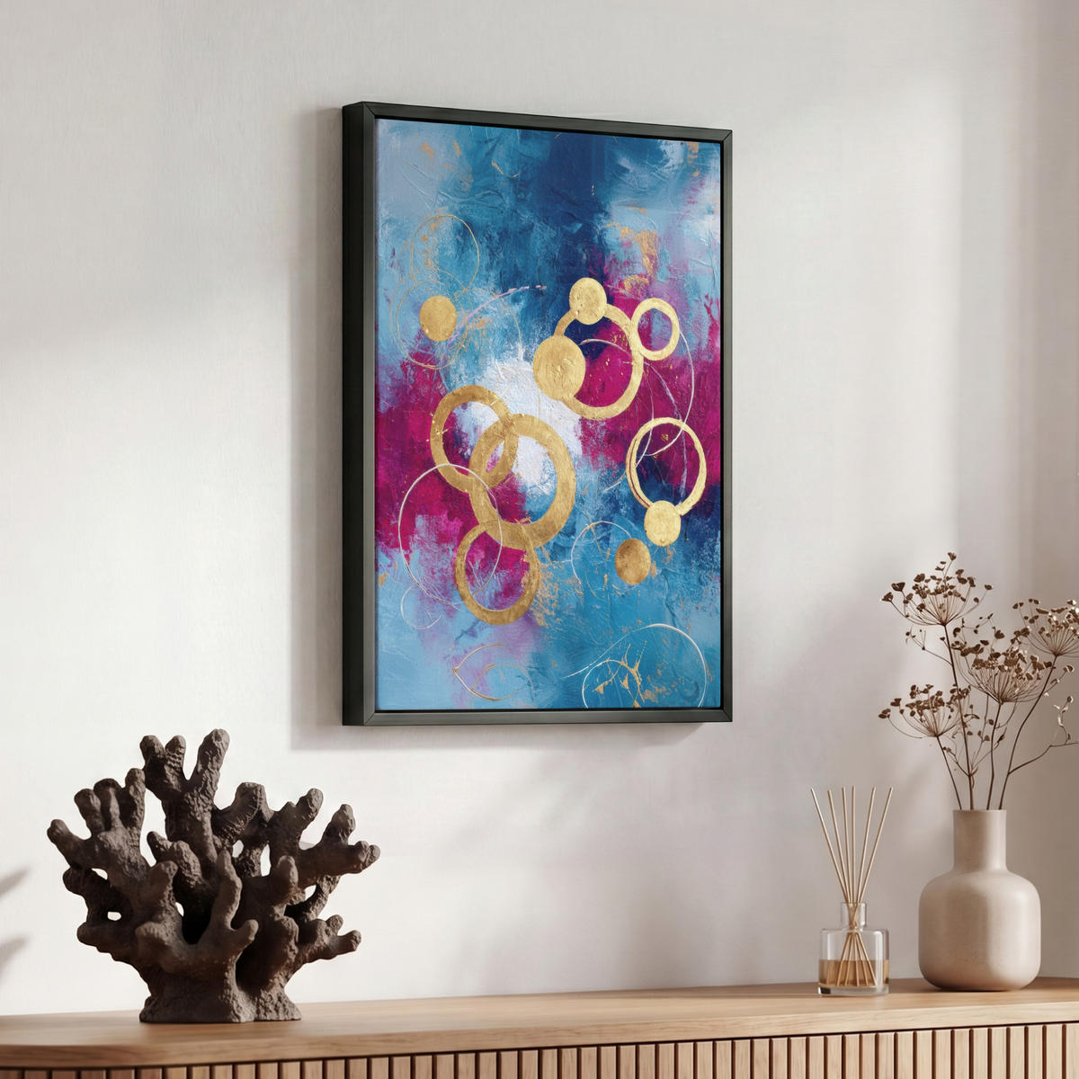 LEINWAND Bilder mit Rahmen - Kreise - Gold - Abstrakt - 30x40 - Blau, Textil (30/40cm) - MuchoWow