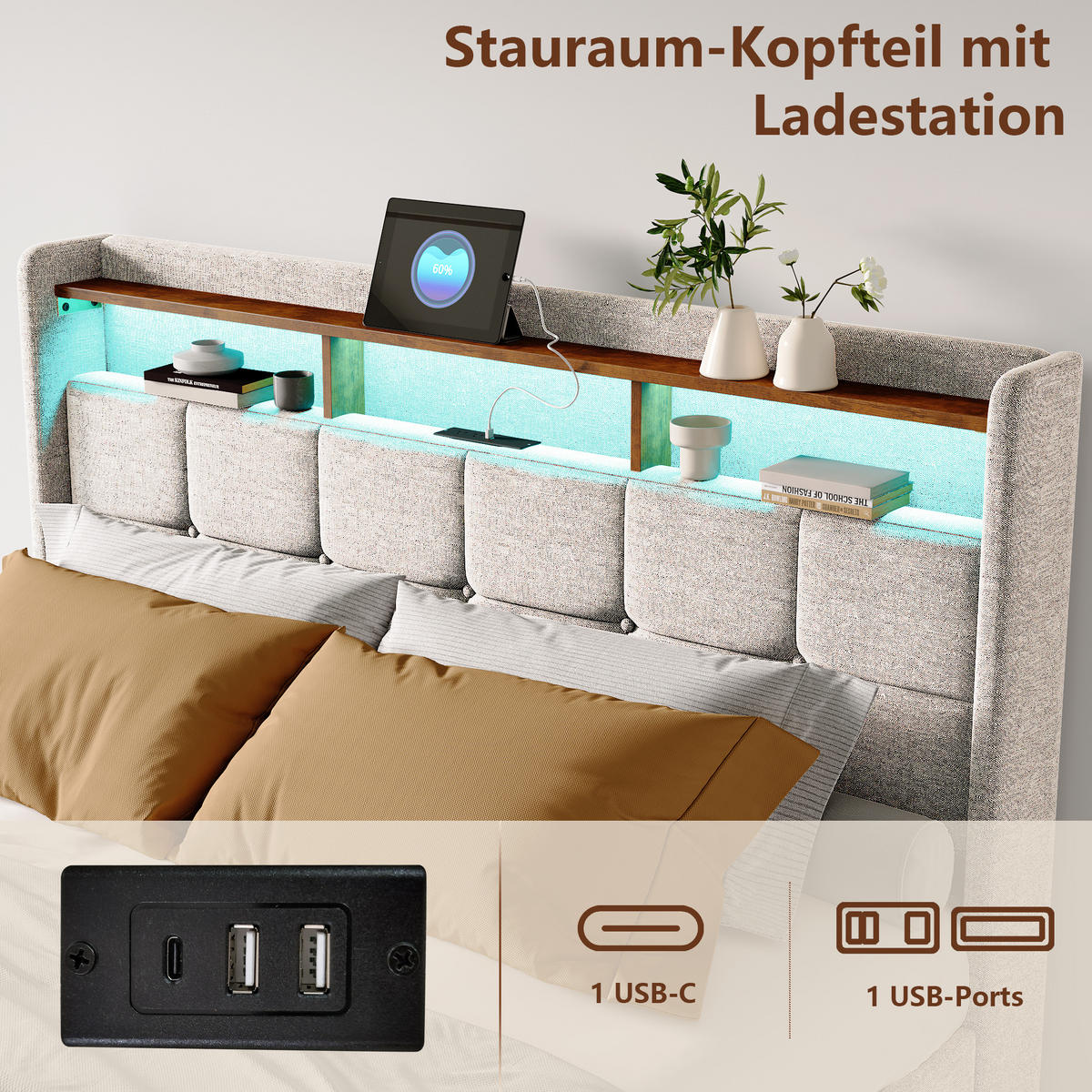 POLSTERBETT 140x200 cm mit Stauraumkopf und 4 Schubladen, LED-Leisten, USB-/Typ-C, Leinenstoff, Beige - Beige, Holz (140/200cm) - BRILVERDE