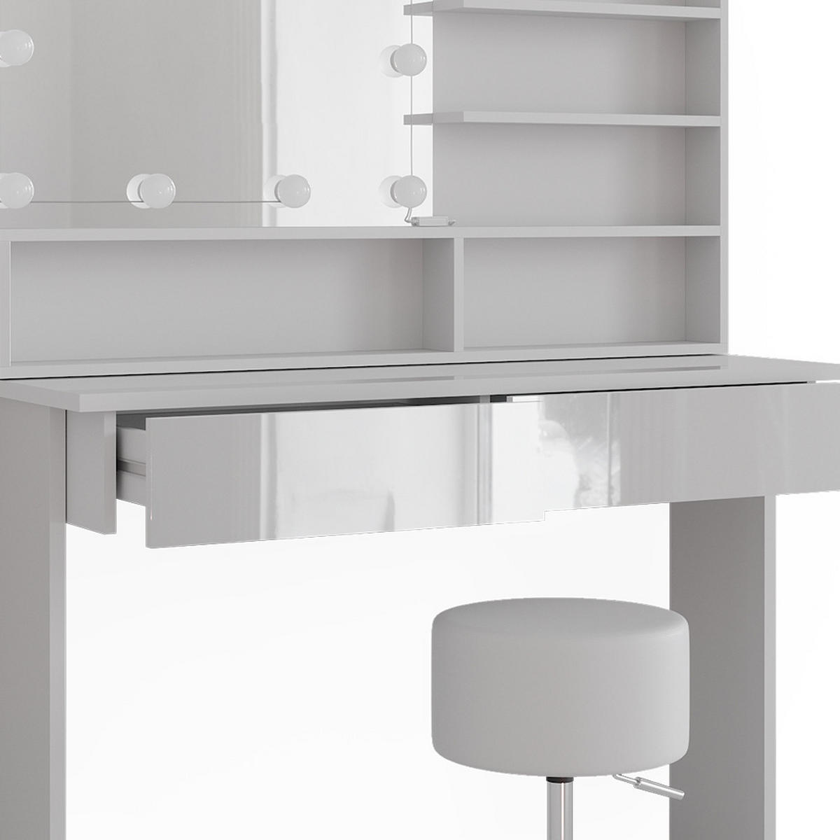 SCHMINKTISCH Azur Weiß 120 cm mit Spiegelregal, Hocker & LED-Beleuchtung - Weiß Hochglanz/Weiß, Holzwerkstoff (120/83.5/40cm) - Vicco