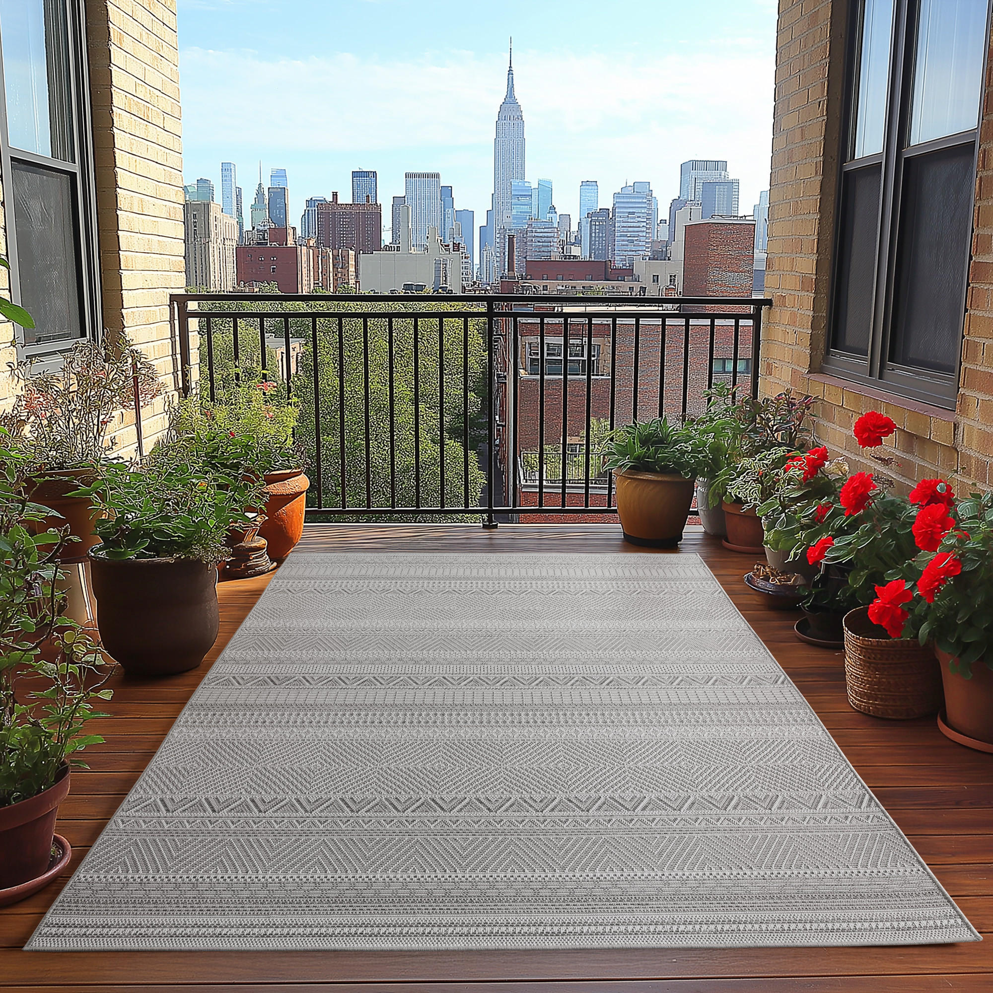 TEPPICH Outdoor Flachgewebe Ethno Muster Polypropylen Balkon Grau Rechteckig 280x370 - Grau, Textil (280/370cm) - KADIMA DESIGN