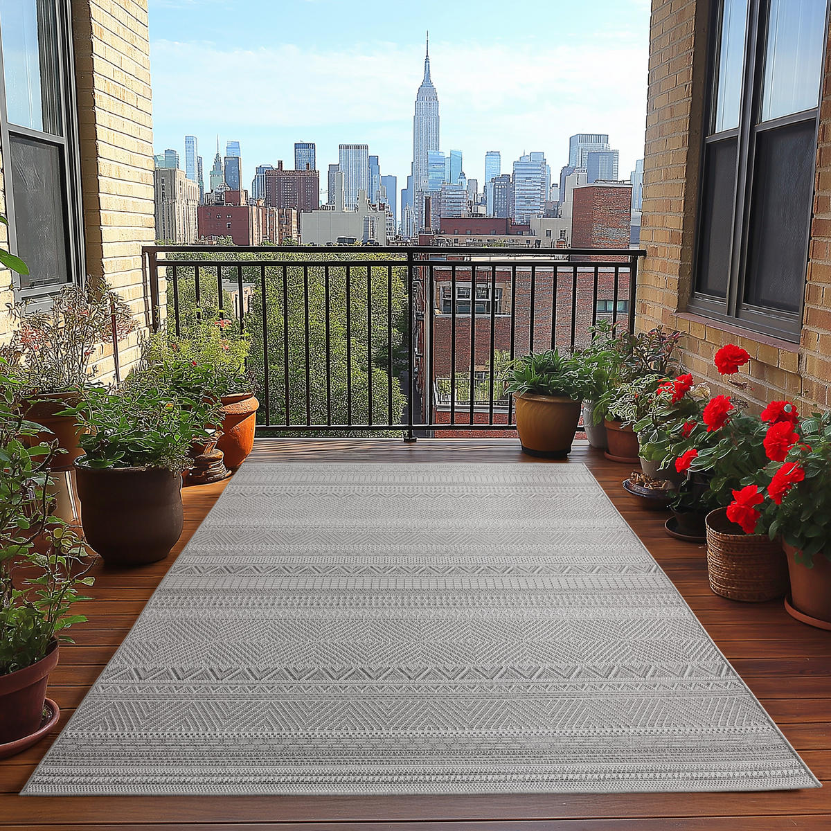 TEPPICH Outdoor Flachgewebe Ethno Muster Polypropylen Balkon Grau Rechteckig 280x370 - Grau, Textil (280/370cm) - KADIMA DESIGN