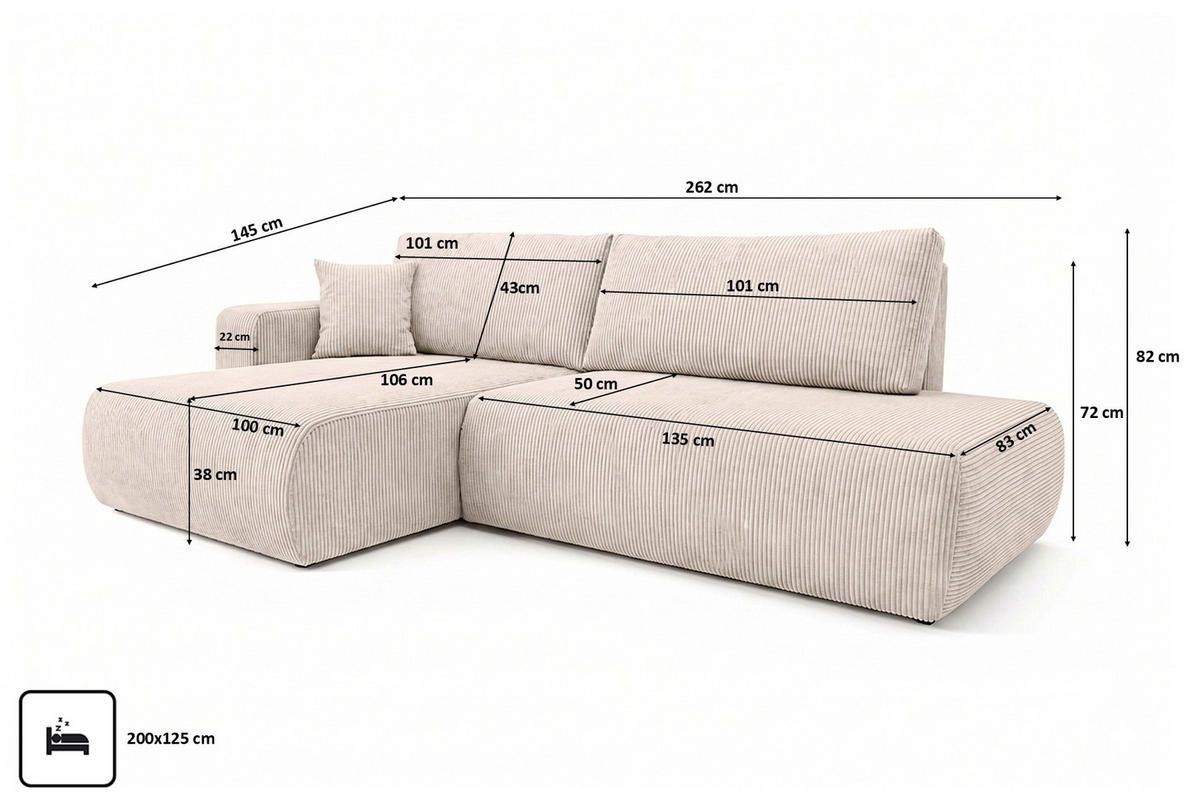 ECKSOFA Mit Schlaffunktion Und Bettkasten, Cordstoff Poso, Beige, Links, OPEN XL - Creme, Holz (262/145cm) - Kaiser Möbel