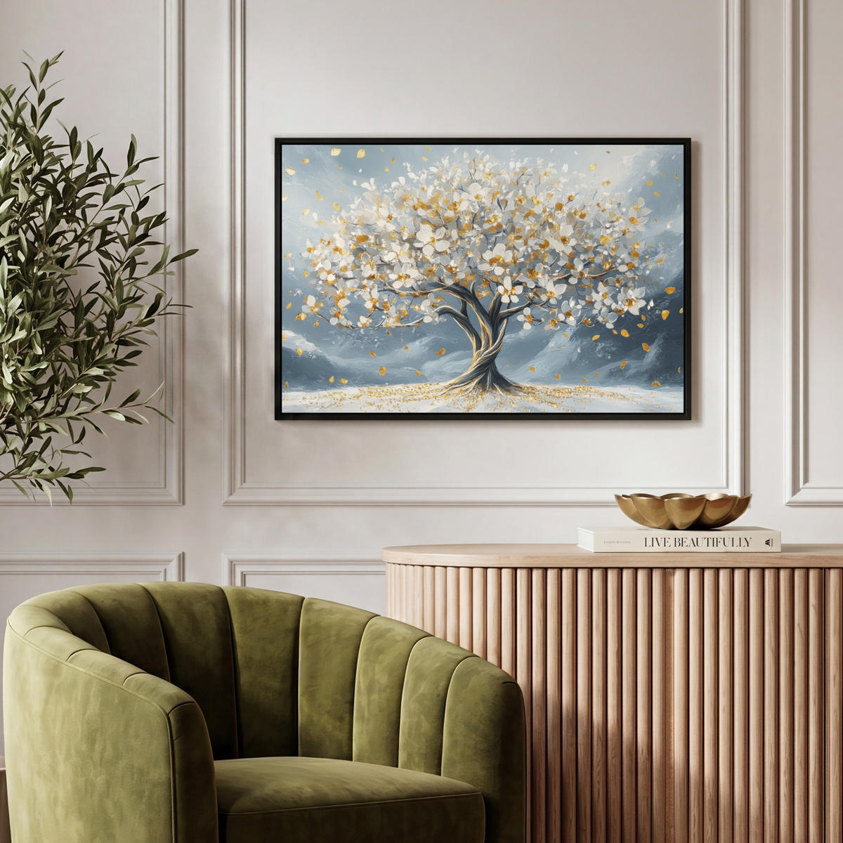 LEINWAND Bilder mit Rahmen - Baum - Winter - Baum des Lebens - Modern - Gold - 60x40 - Goldfarben, Textil (60/40cm) - MuchoWow