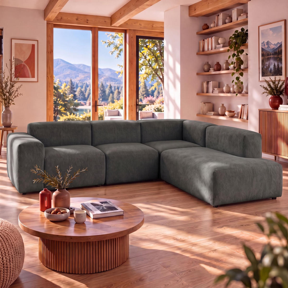 4-SITZER modulares Ecksofa HEAVEN SET 2 Rechts, Breite 300 cm Webstoff Dunkelgrau - Dunkelgrau/Schwarz, Holz/Kunststoff (245/300cm) - Muffo