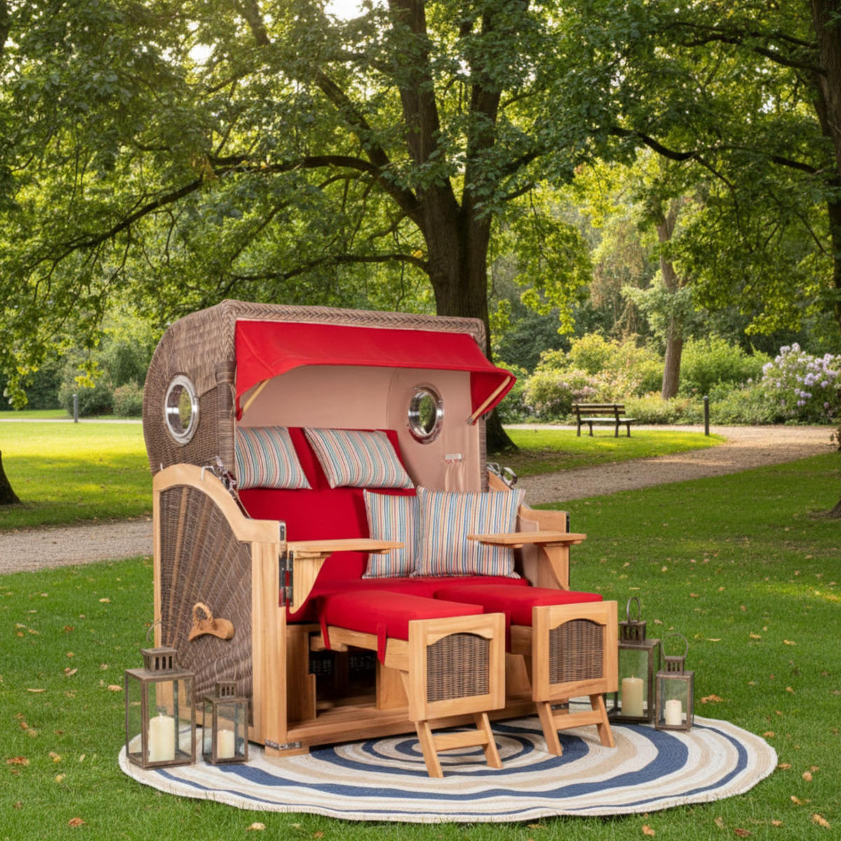 STRANDKORB Düne Grande Bullauge Teak PE Grey Dessin 585 - Rot/Braun, Metall (142/170/95cm) - Mr. Deko