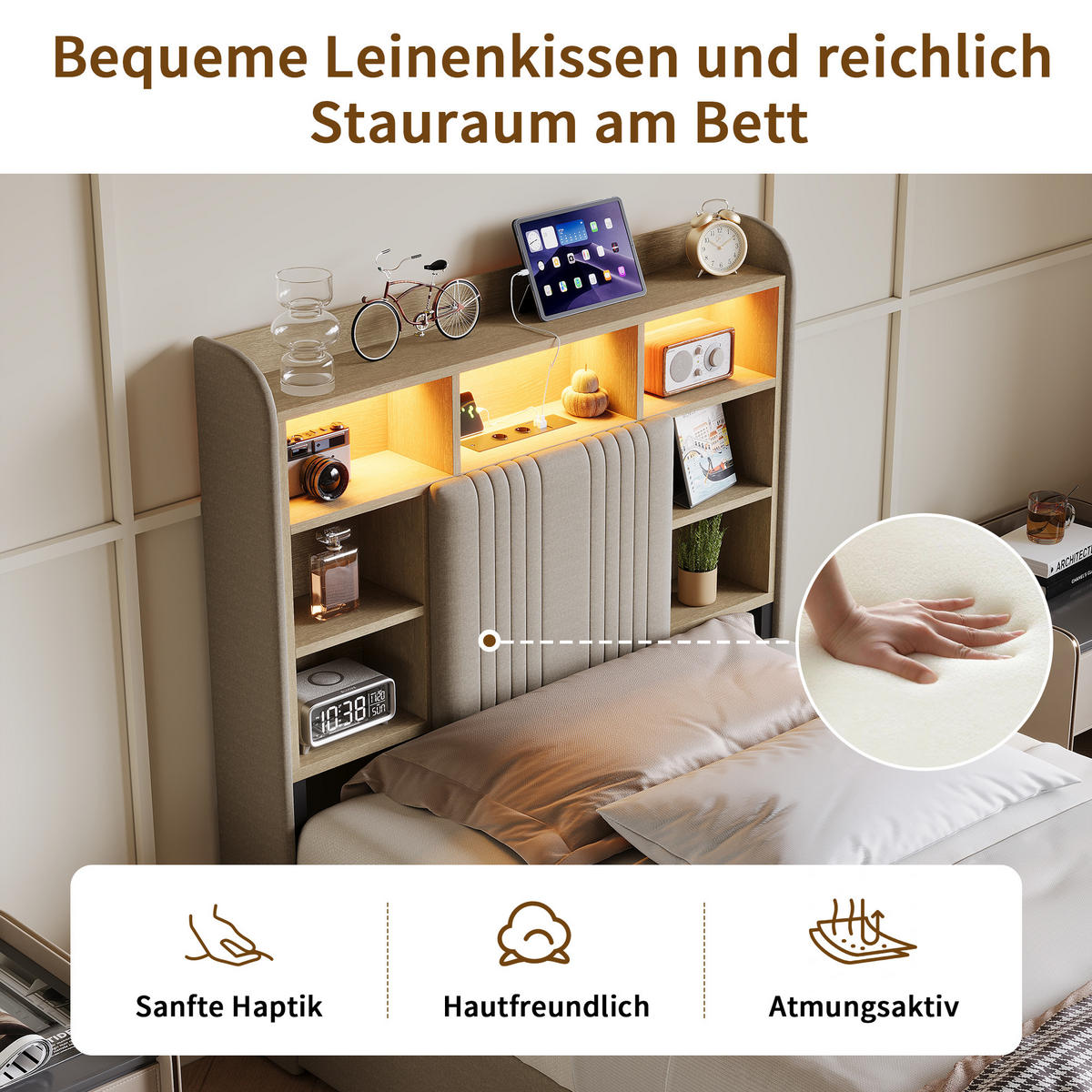 POLSTERBETT 90/200 cm Beige mit 2 Schubladen, LED-Kopfteil mit Ablage und USB - Beige, Metall (90/200cm) - EuroLiving