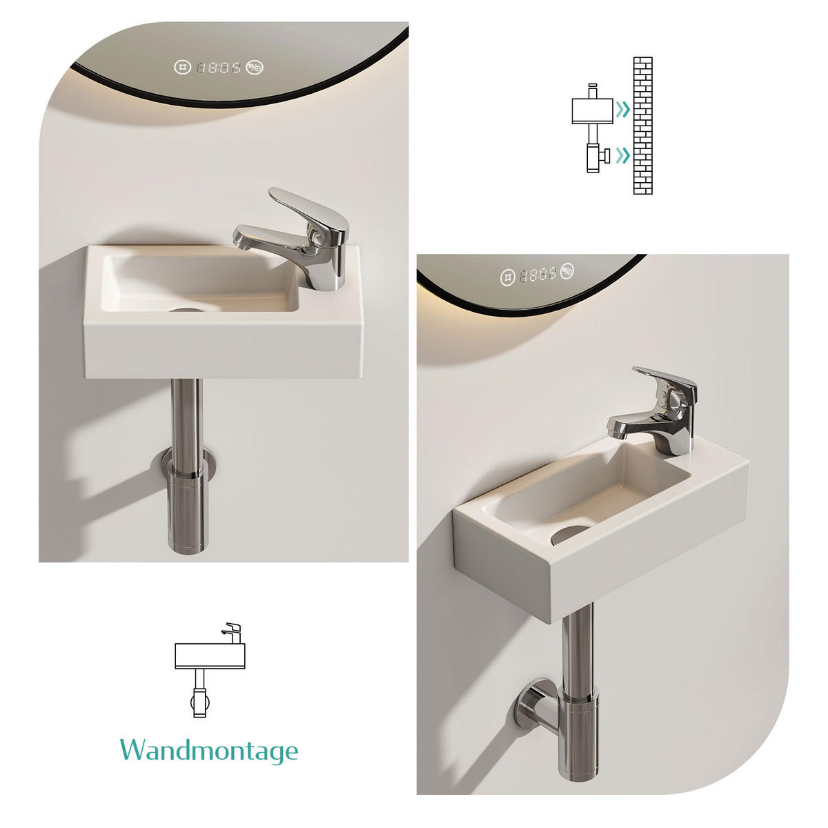 WASCHBECKEN Rechteckig Mit Hahnloch rechts Weiß 36,5 / 18 / 9 cm - Weiß, Keramik (18/9/36.5cm) - EMKE