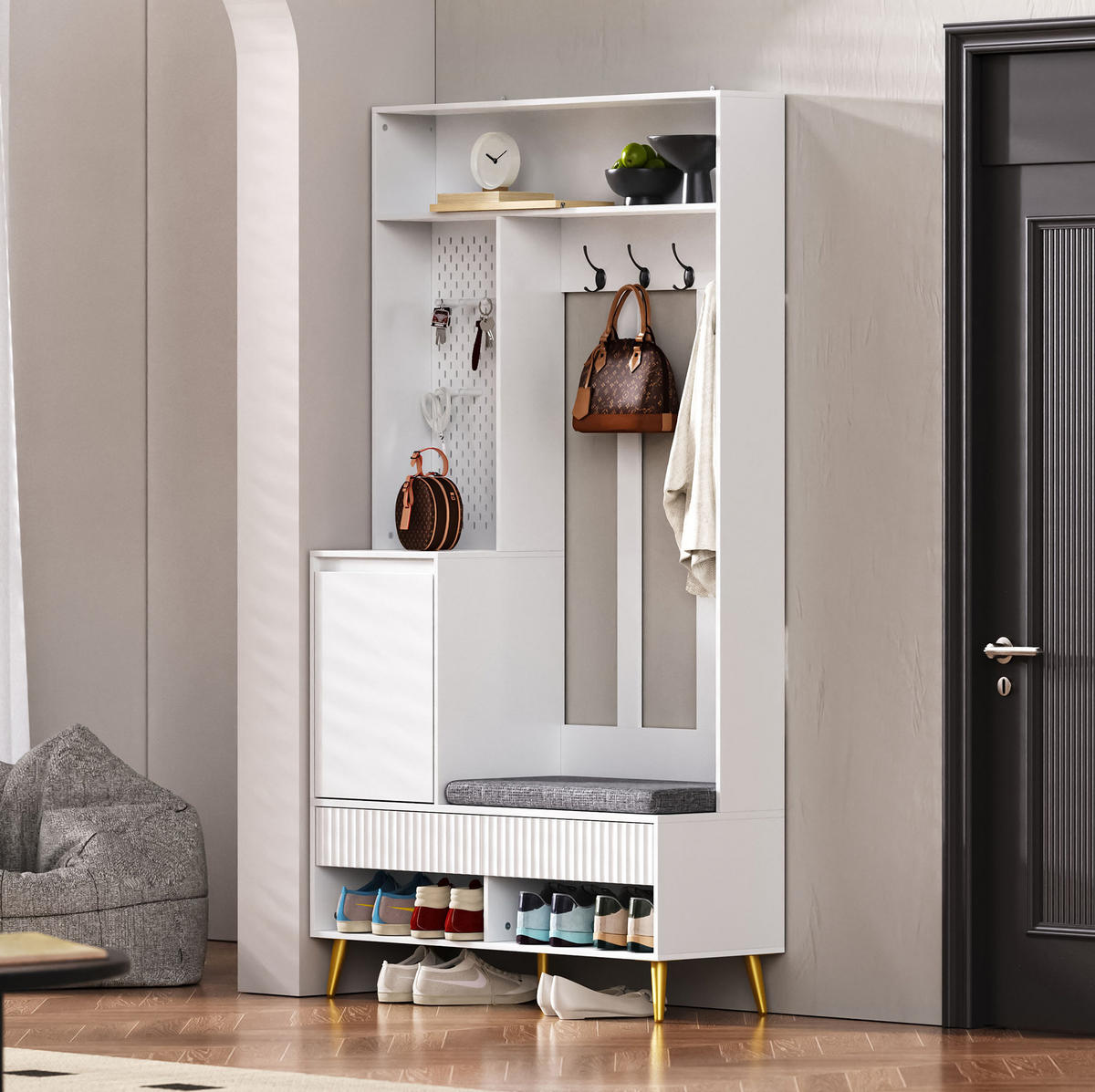 DIELENGARDEROBE mit Sitzbank, 4 Haken und Schuhablage, Weiß, 100/35/180 cm - Weiß, Holzwerkstoff (100/180/35cm) - BEAOK
