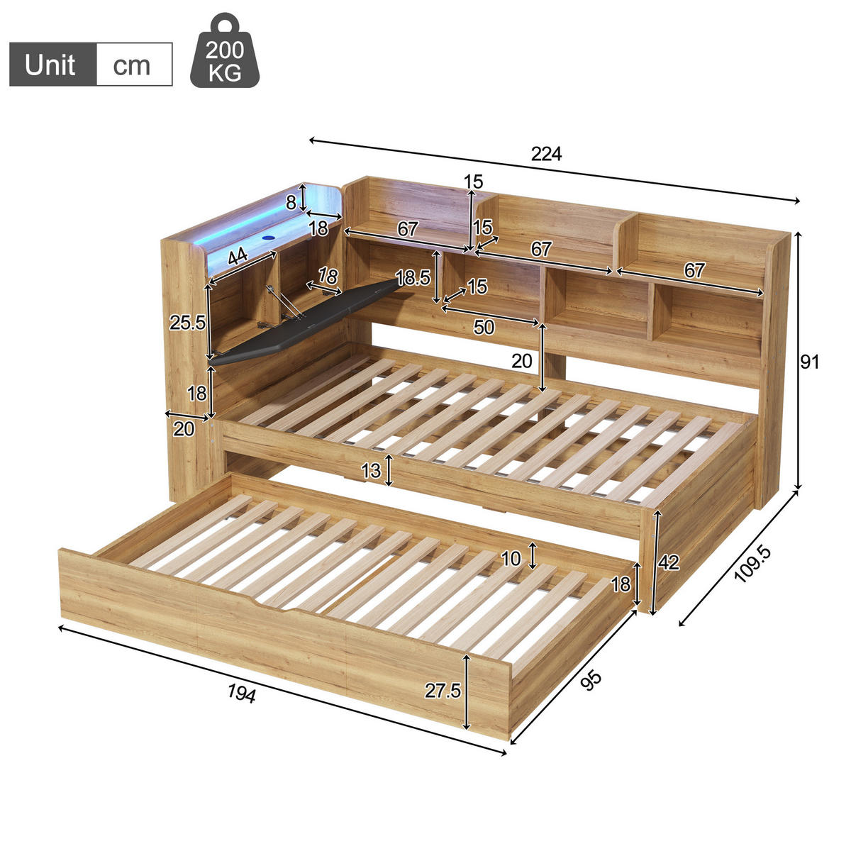KINDERBETT 90/200 cm aus MDF mit Ausziehbett 90/190 cm, LED, USB-C und Stauraum, Natur - Naturfarben, Holzwerkstoff (90/200cm) - Redom