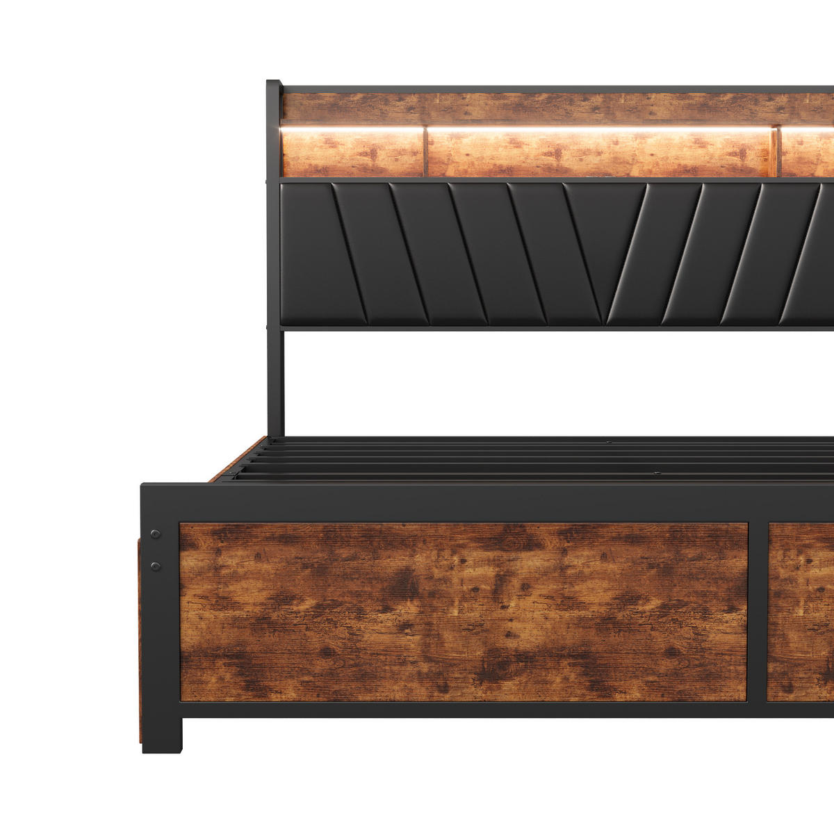 METALLBETT 140x200 cm LED USB Lattenrost PU Kopfteil schwarz - Schwarz, Holz (180/200cm) - LEBENLANG