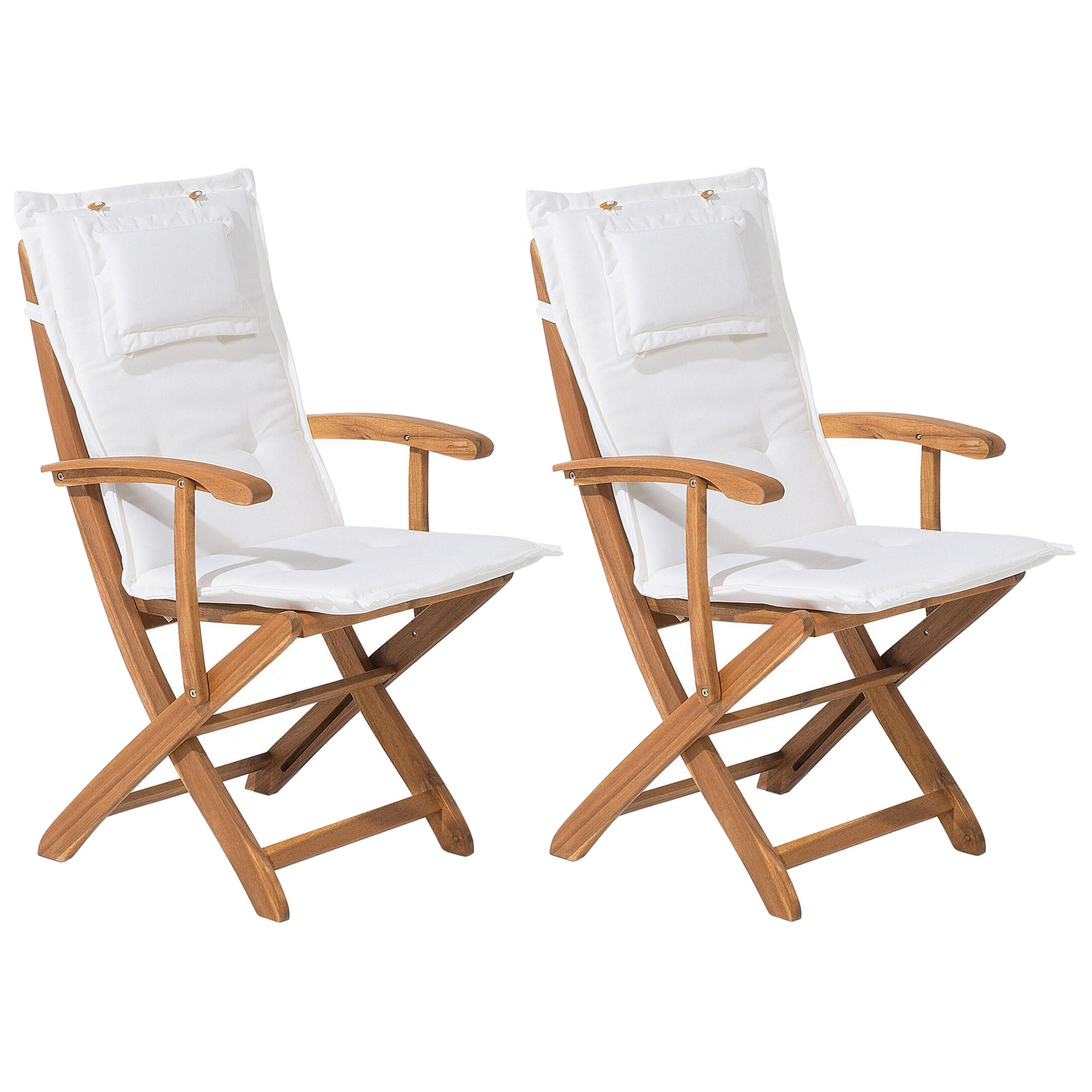 GARTENSTUHL 2er-Set Akazienholz hellbraun Auflagen cremeweiß Maui - Hellbraun/Creme, Holz (42/93/48cm) - Beliani