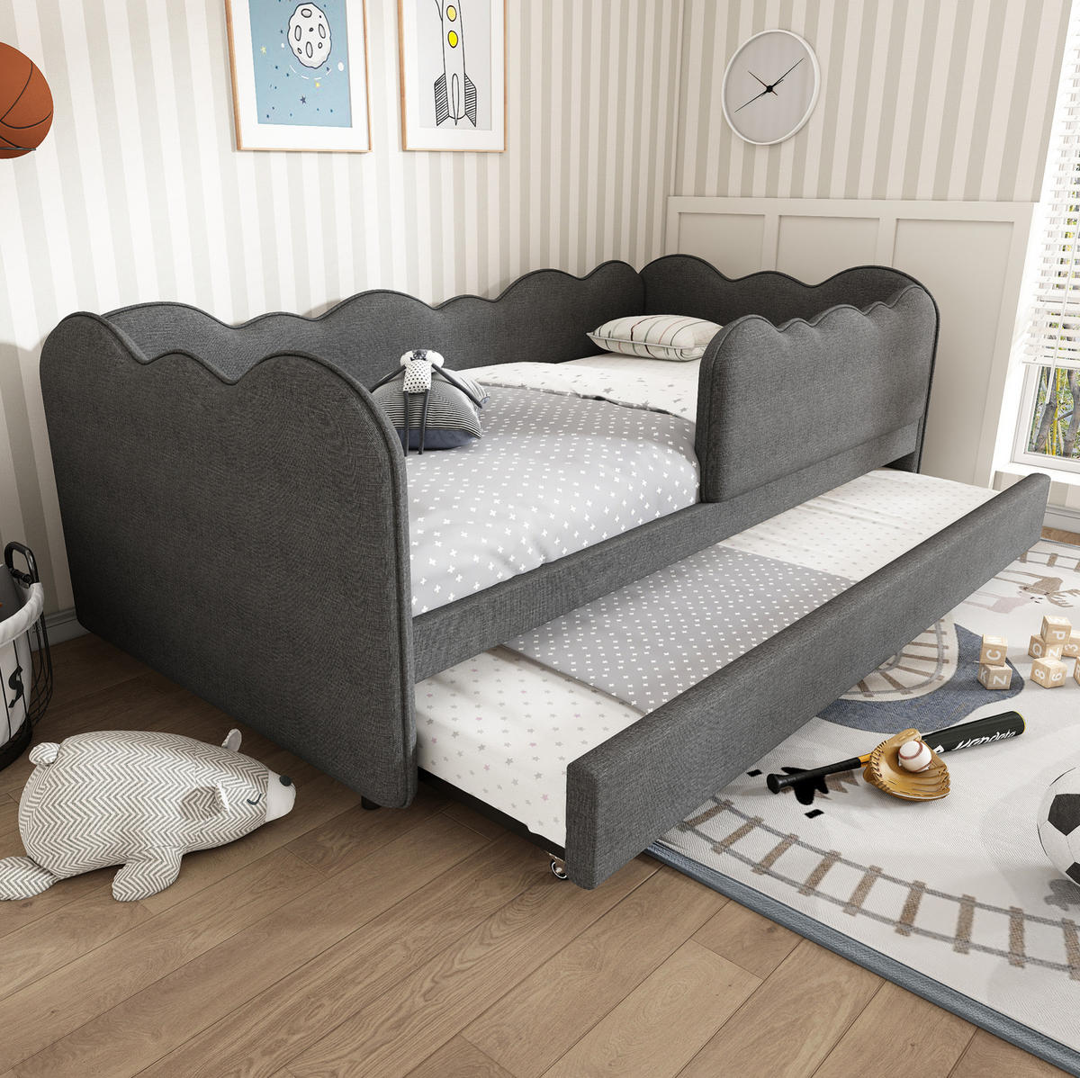 KINDERBETT Polsterbett 90/190 cm aus Leinen mit Ausziehbett Grau - Grau, Textil (90/190cm) - Modenvie