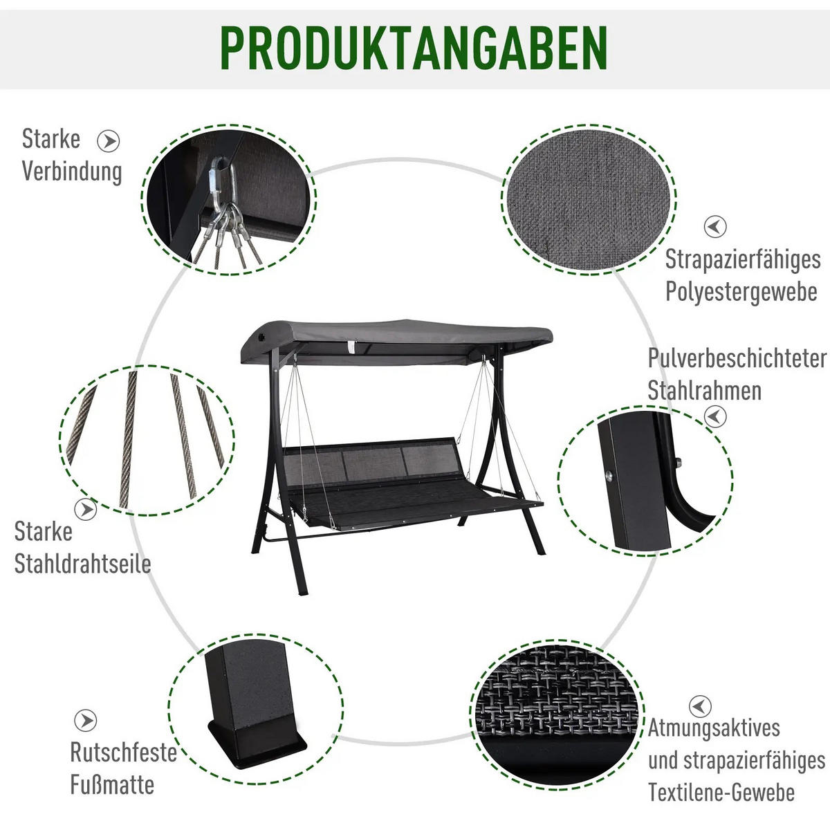 HOLLYWOODSCHAUKEL 3 Sitzer 270 kg - Grau, Metall (200/168/115cm) - LEBENLANG