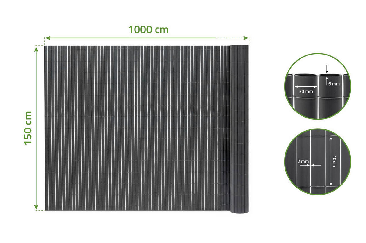 PVC Sichtschutzmatte VISO doppelseitig 10m x 1,5m Anthrazitgrau - Anthrazit, Metall (1000/150cm) - Casanoov