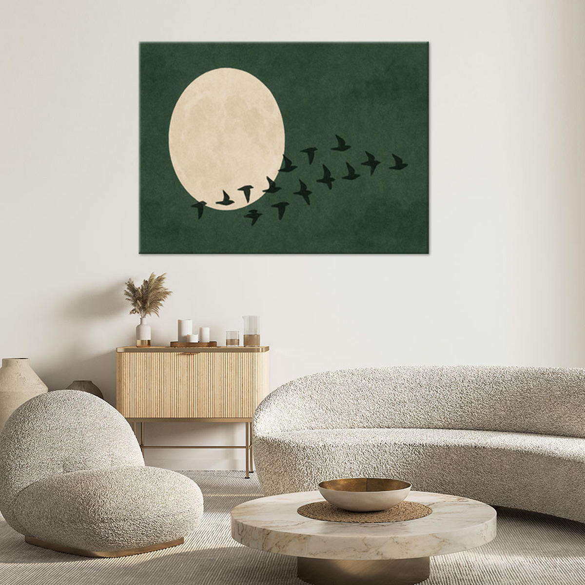 LEINWANDBILD Vogelschwarm Minimalismus Beige Grün 60x40cm - Grün, Textil (60/40cm) - Feeby