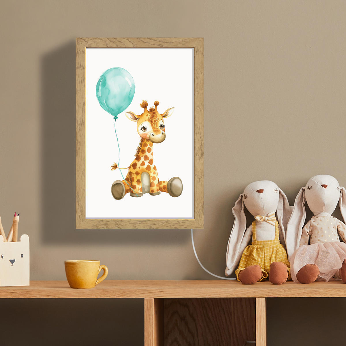 WANDLEUCHTE Giraffe - Baby - Tiere - Blauer Ballon 20x30 cm - Weiß, Holzwerkstoff (20/30/8cm) - OnlyWow
