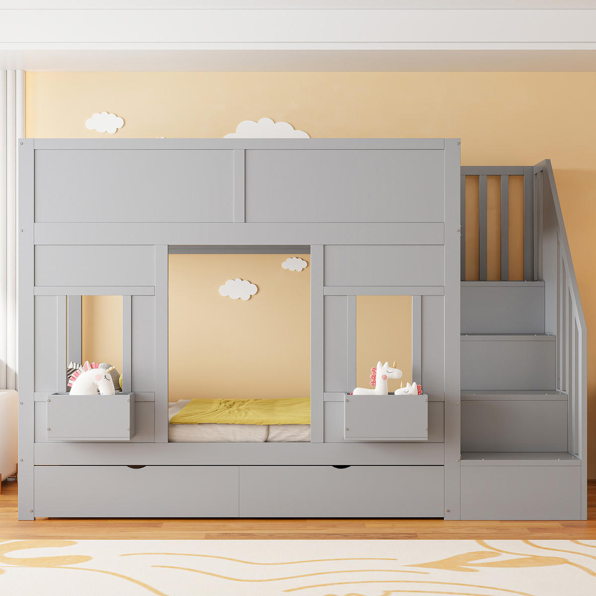 ETAGENBETT 90/200 cm DE-01539, in Grau, mit Stauraumtreppe, Schubladen und Fensterdesign - Grau, Holz (90/200cm) - ComfortXL