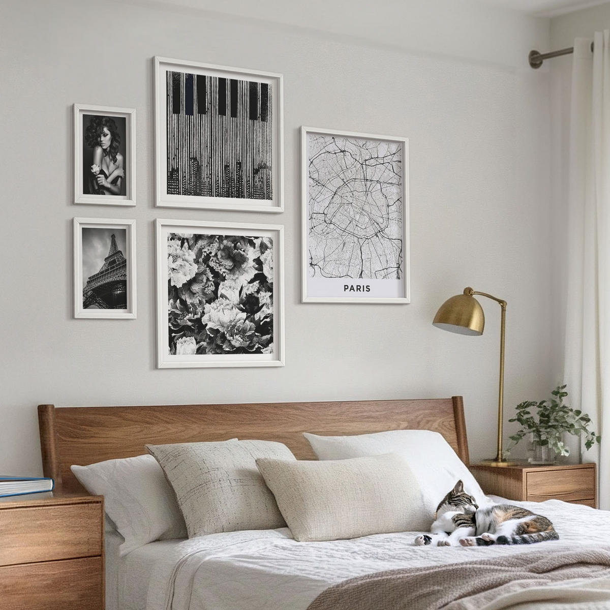 WANDBILDER 5er-Set - 50x50 cm & 20x30 cm & 40x60 cm Weißer Rahmen - Porträt einer Frau mit einer Eiffel-Rose - Weiß, Kunststoff (40/60cm) - ArtPrintCave