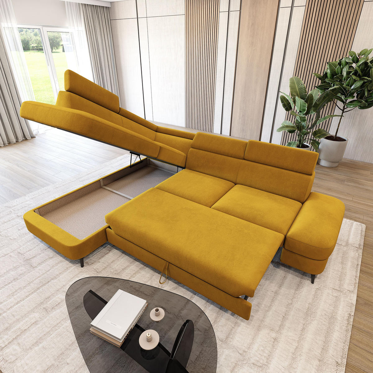 ECKSOFA AVISE MV L-S Gelb Velours-Stoff mit Schlaffunktion - Gelb, Holzwerkstoff/Textil (268/195cm) - MASSENO