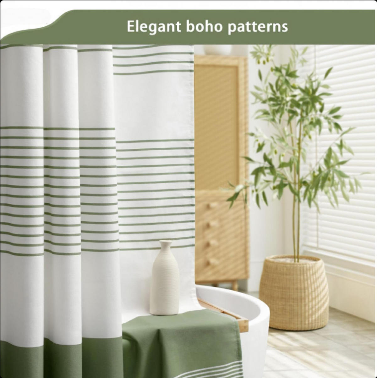 DUSCHVORHANG Boho Grün fürs Badezimmer gestreift Leinen rustikal - Grün, Textil (183/183cm) - MCBOSON