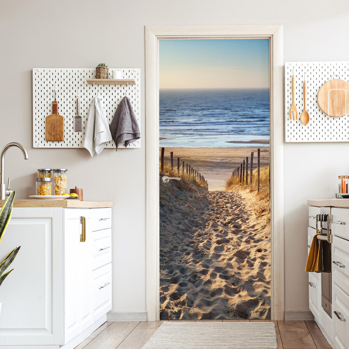 TÜRAUFKLEBER Selbstklebend - Strand - Meer - Niederlande - Dünen - Sonne 95x215 cm - Türtapete - Blau, Kunststoff (95/0.1cm) - MuchoWow