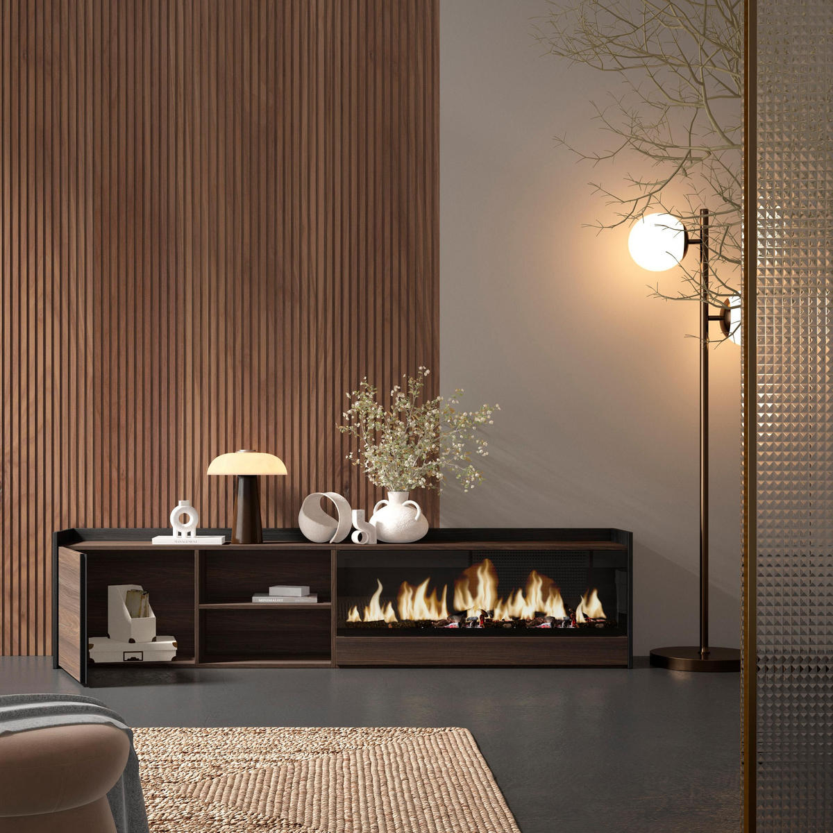 LOWBOARD, Dunkler Eiche und Schwarz, 212/35/50cm, Kamin mit Feuereffekt XXL - Dunkelbraun, Holzwerkstoff (212/50/35cm) - Skraut Home