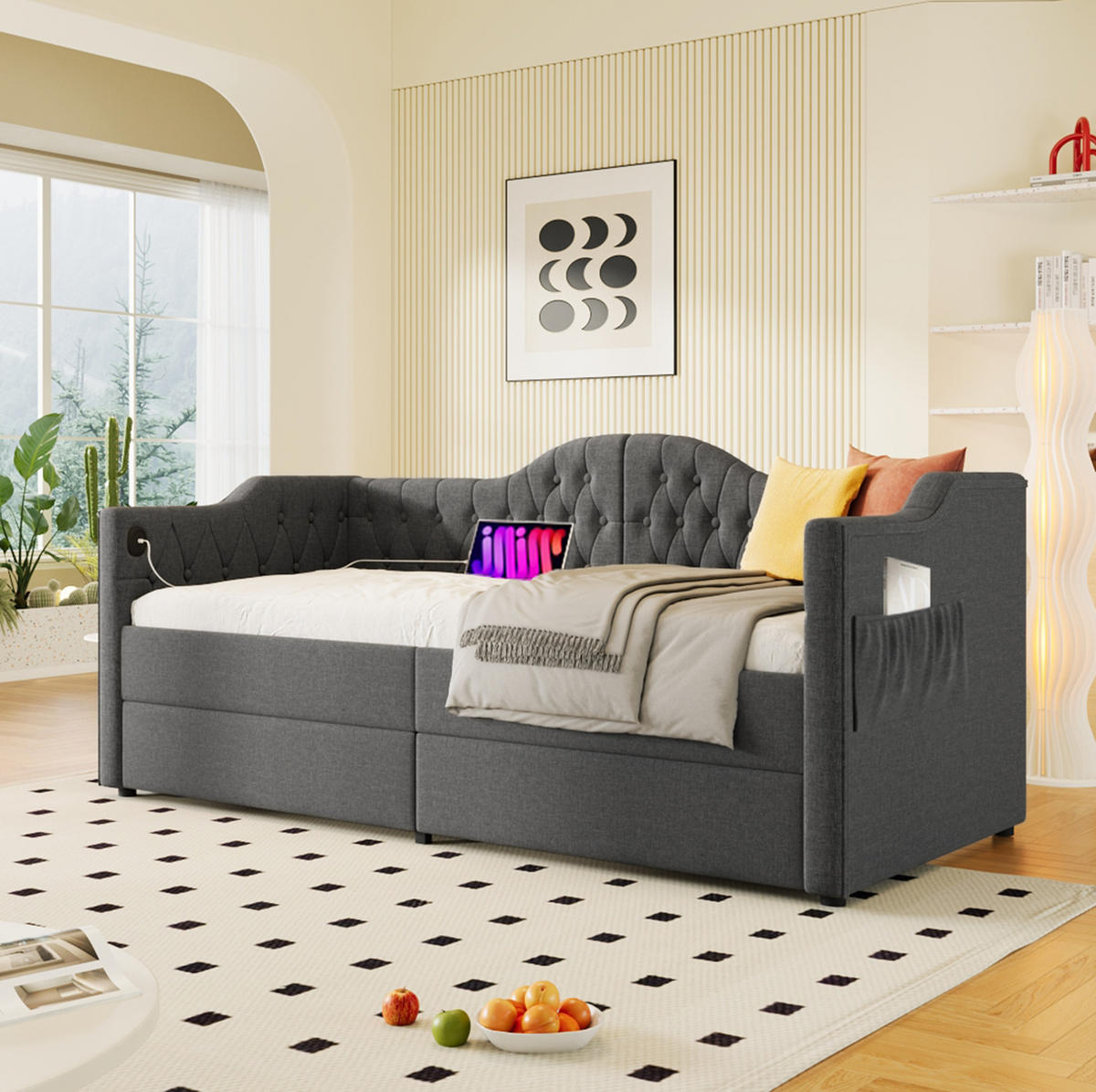 POLSTERBETT 90/190 cm mit 2 Schubladen, USB-C und gepolstertem Kopfteil - Grau, Textil (90/190cm) - BEAOK