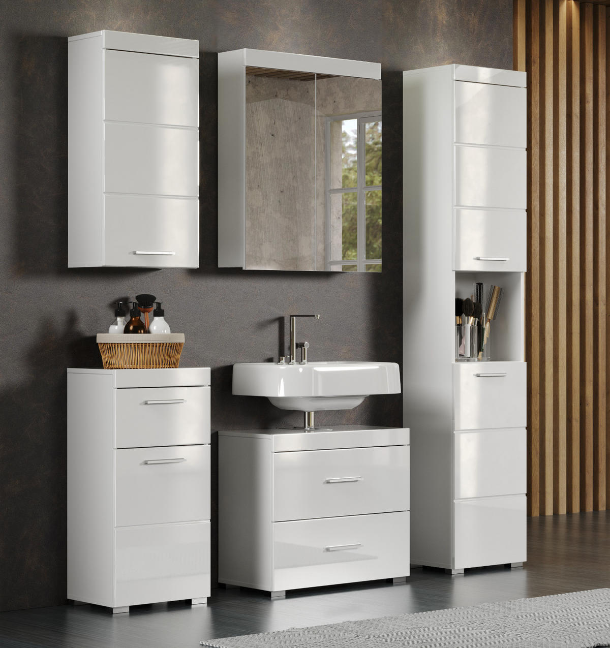 BADMÖBEL-SET weiß Hochglanz 5-teilig 163 x 190 cm, moderne Badezimmer-Schränke - Weiß Hochglanz/Alufarben, Glas/Holzwerkstoff (163/190/34cm) - Top.Furn