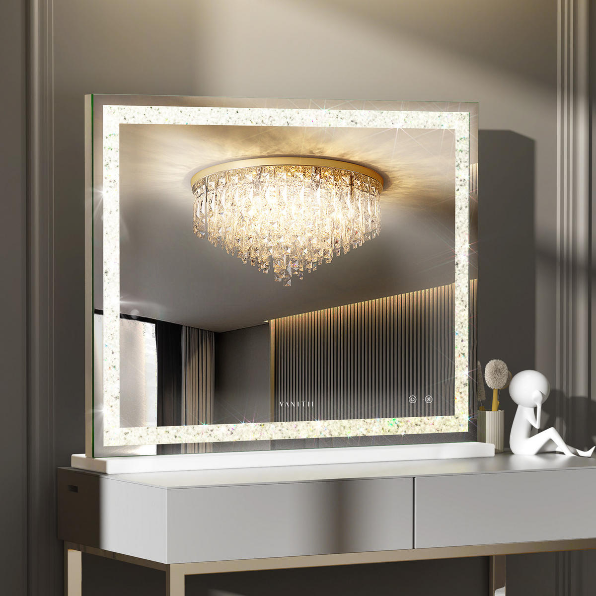 SCHMINKSPIEGEL mit LED Lichtleiste mit Diamant-Effekt und Bluetooth weiß 100/80 cm - Weiß, Metall (108/92/15cm) - VANITII