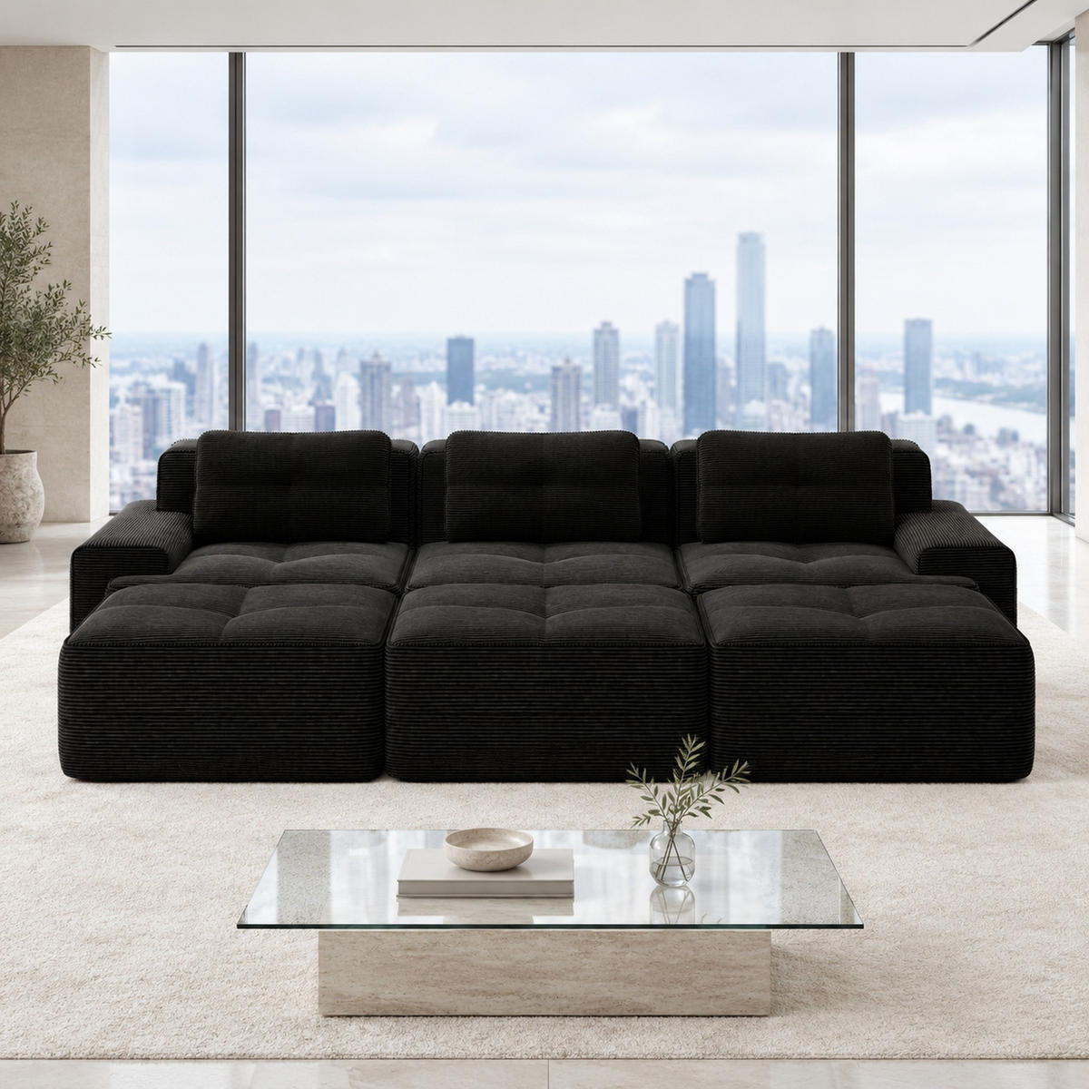 MODULARES Ecksofa aus Cord Schwarz 293x177x69 cm mit Schlaffunktion und variabler Anordnung - Schwarz, Textil (177/293cm) - IVMEU