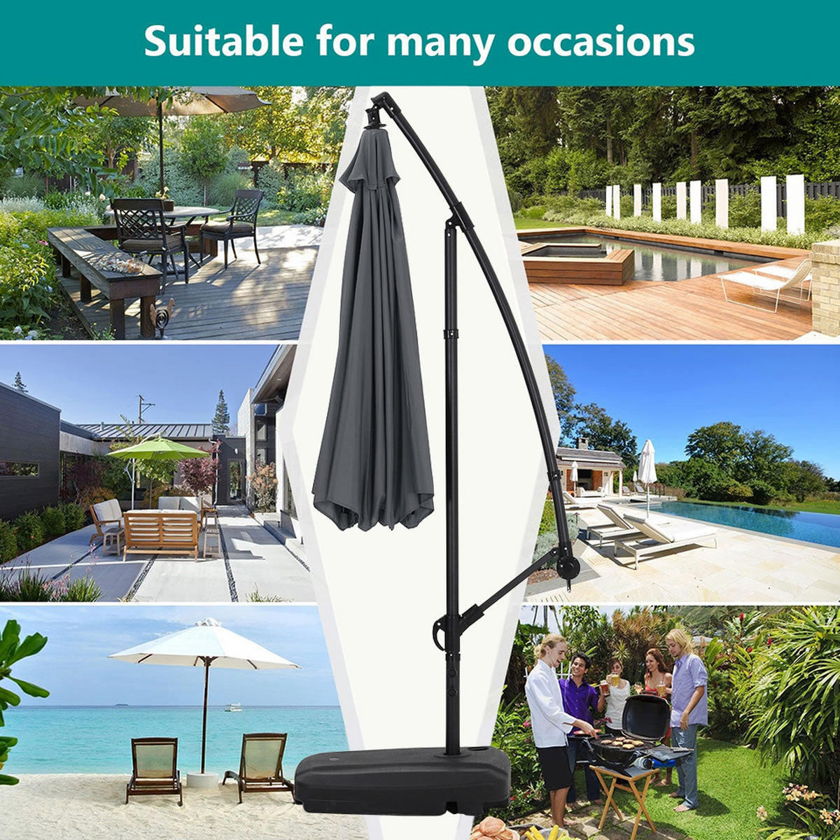 AMPELSCHIRM mit befüllbarer Kunststoff-Sockel mit dem Rollen aus Polyester Metall in Grau drehbar 360° neigbar 60° 3 x 2.6m - Grau, Metall (300/240cm) - Livingandhome