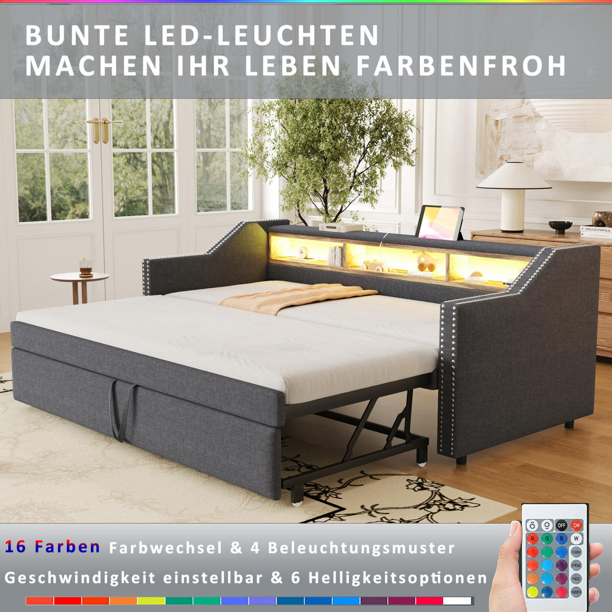 BETT 90/180/190 cm Dunkelgrau aus Leinenstoff mit Bett, LED und USB - Dunkelgrau, Textil (90/190cm) - OKMYHOME