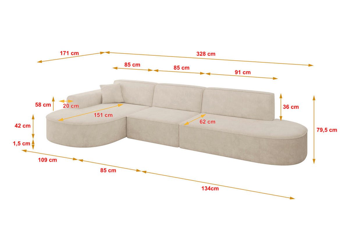 ECKSOFA Ottomane Links MARI-L2 - 328x171x79 cm Beige Velours - Beige/Schwarz, Holzwerkstoff/Kunststoff (328/171cm) - ALTDECOR