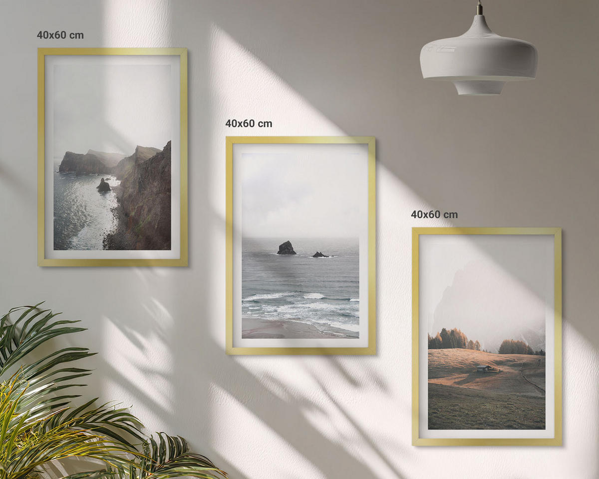 WANDBILDER 3er Set - 40x60 cm Goldrahmen - Landschaften aus Bergen und Meer - Goldfarben, Kunststoff (40/60cm) - ArtPrintCave