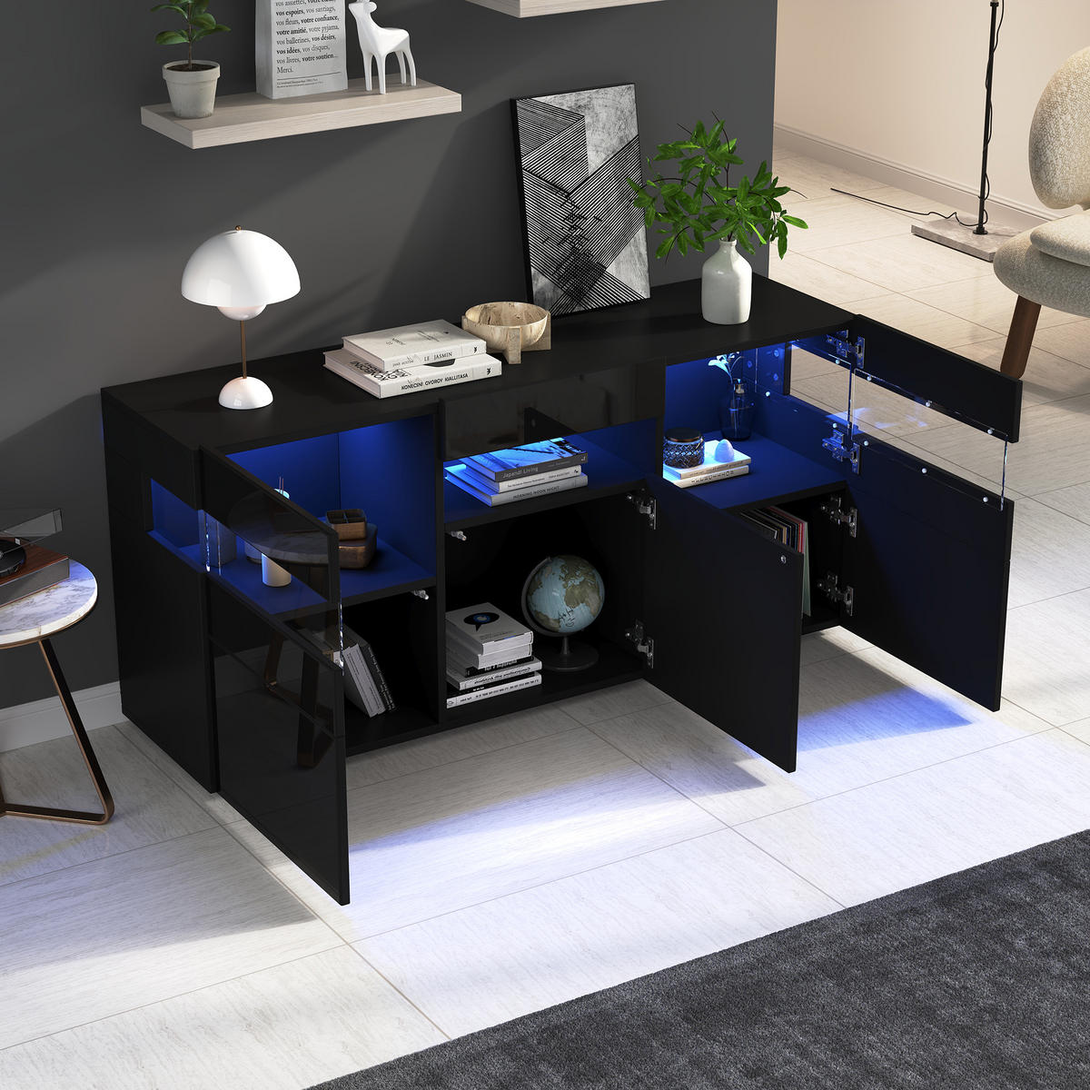 SIDEBOARD DE-37801 mit LED-Beleuchtung und 3 Türen Schwarz - Schwarz, Holzwerkstoff (140/66.5/40.5cm) - ComfortXL