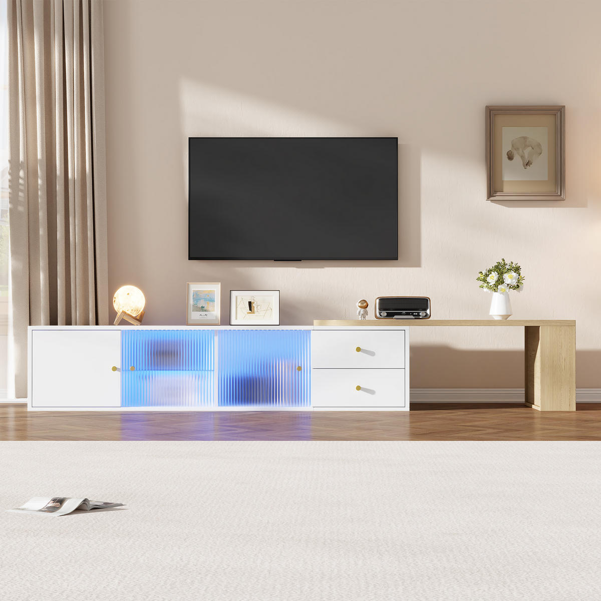 TV-SCHRANK 175/40/38 cm Weiß mit LED-Beleuchtung, 2 Schubladen, 2 Glas-Schiebetüren und 1 Schrankfach - Weiß, Holzwerkstoff (175/38/40cm) - Oxeza