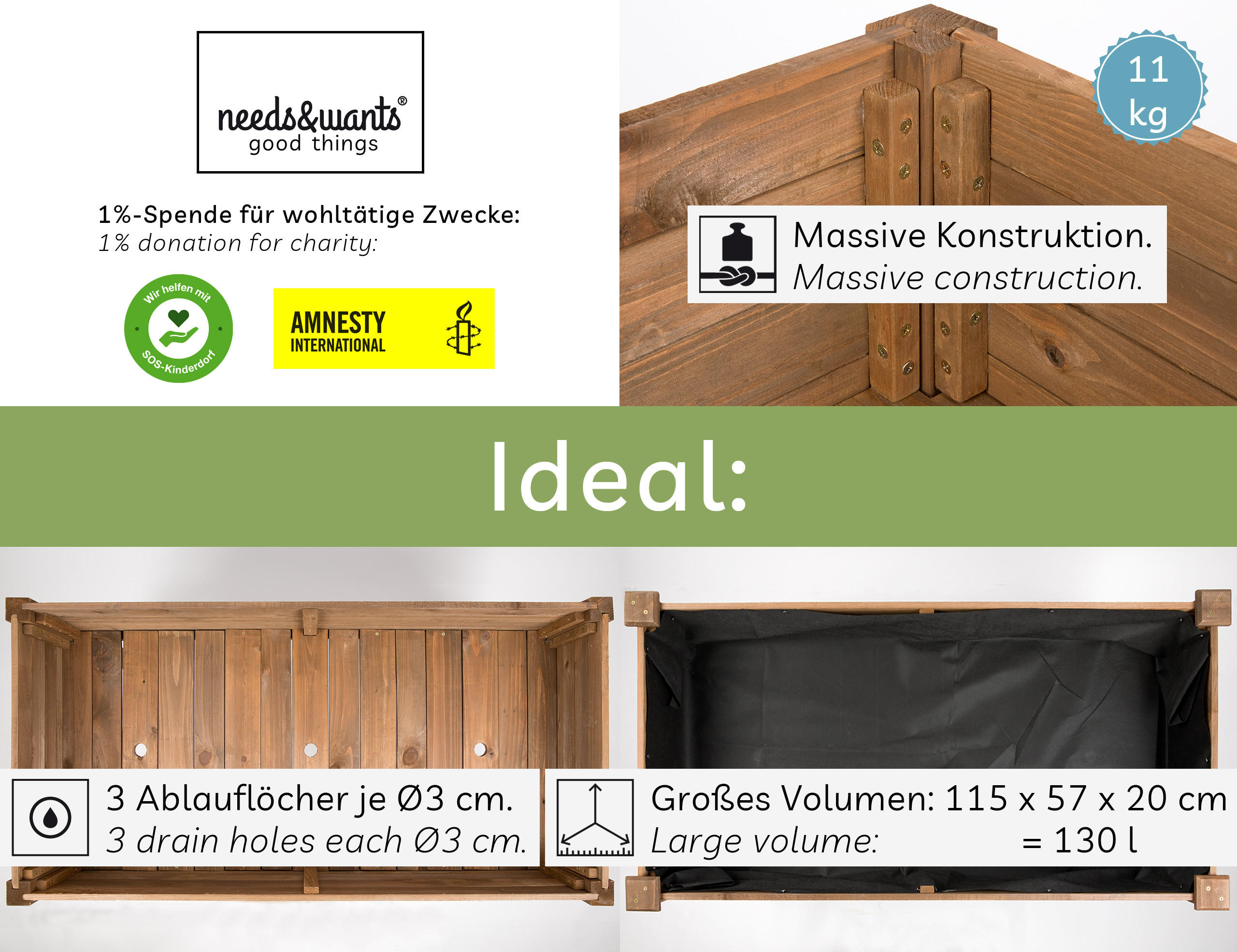 HOCHBEET aus Holz für Garten & Balkon, rechteckig mit Vlies-Folie - Braun, Holz (121/75/63cm) - needs&wants