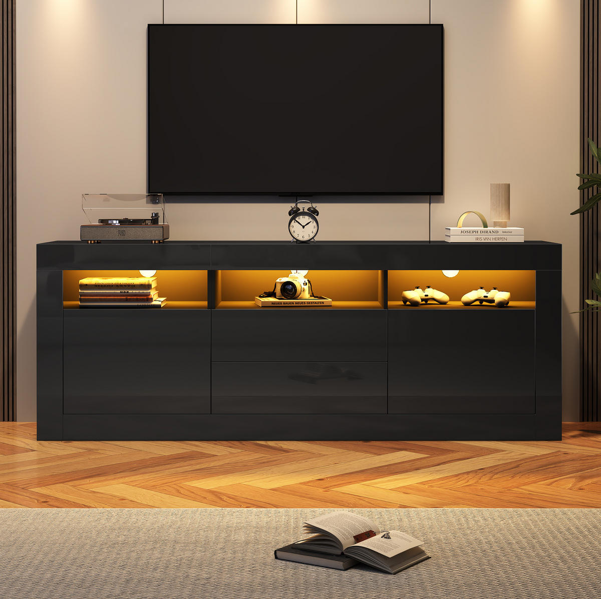 LOWBOARD 160/35/60 cm aus Spanplatte mit LED-Beleuchtung Schwarz - Schwarz, Holzwerkstoff (160/60/35cm) - Modenvie