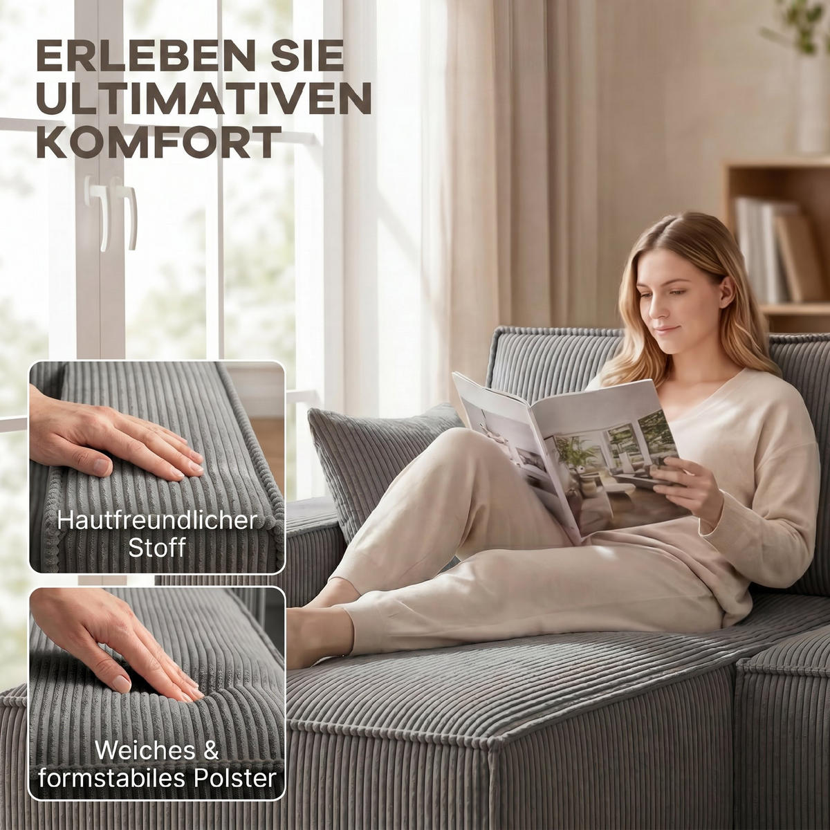 ECKSOFA Cordstoff Hellgrau - Hellgrau, Holzwerkstoff/Kunststoff (154/311cm) - HOMCOM