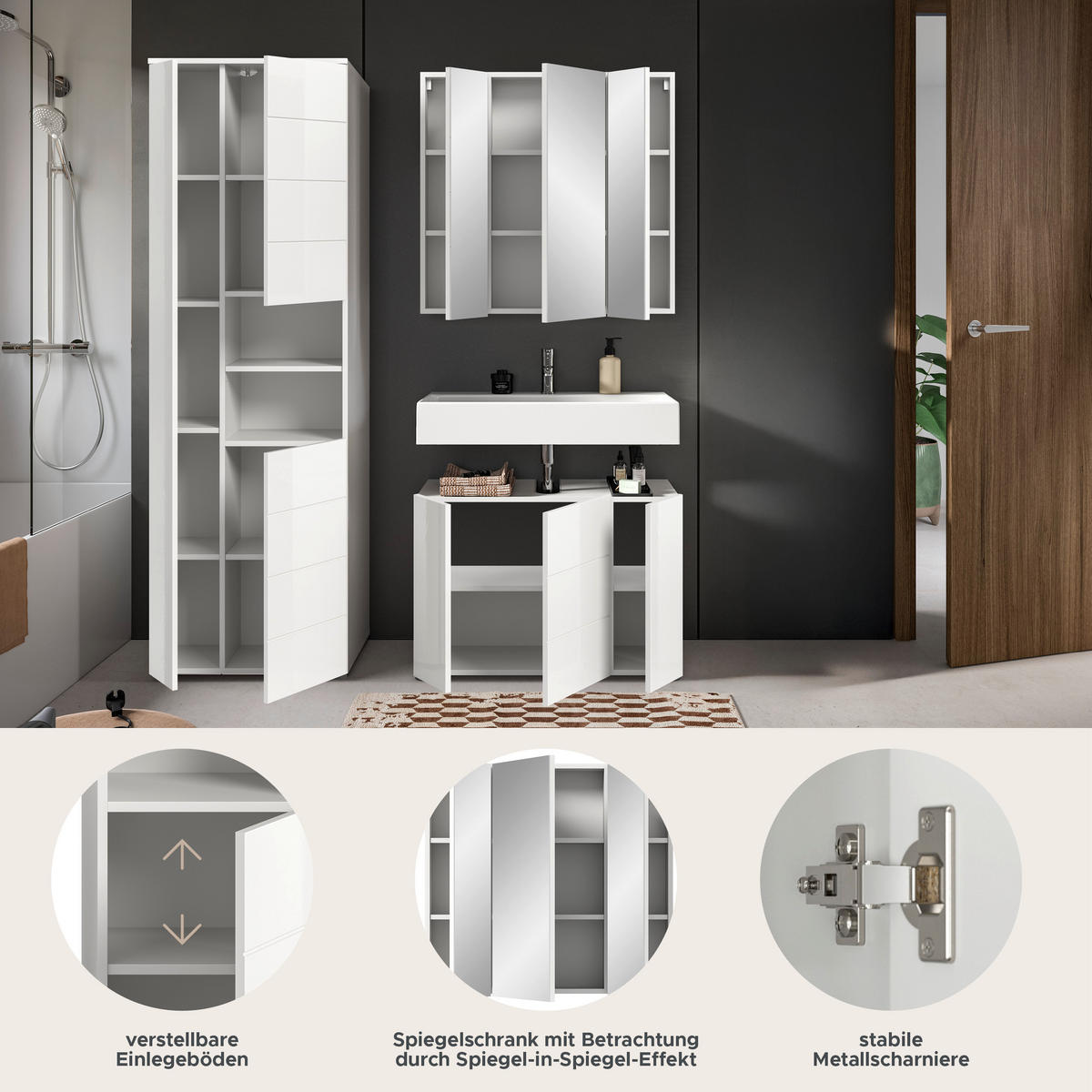 BADKOMBINATION 3tlg. Vira Bad in weiß Melamin und weiß hochglanz B/H/T: 157x190x34 cm - Weiß, Holz (157/190/34cm)