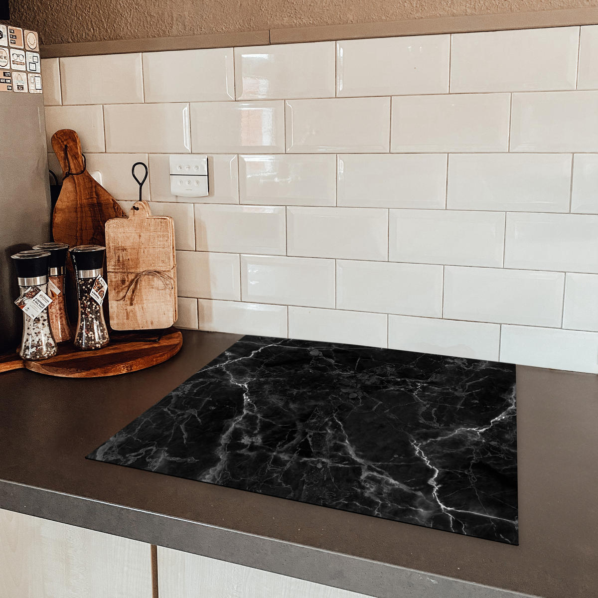 HERDABDECKPLATTE Marmor - Schwarz - Weiß - Textur - Marmoroptik 58x51 cm - Silberfarben, Kunststoff (58.3/51.3/0.2cm) - MuchoWow