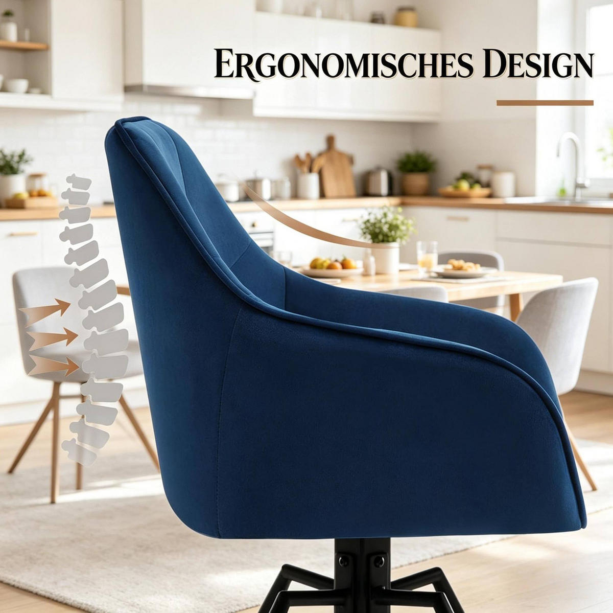 ESSSTUHL 2er-Set drehbar 58,5 x 82,5 x 54,5 cm Blau Samt Metall - Blau, Metall (54/82.5/57cm) - Meubliv