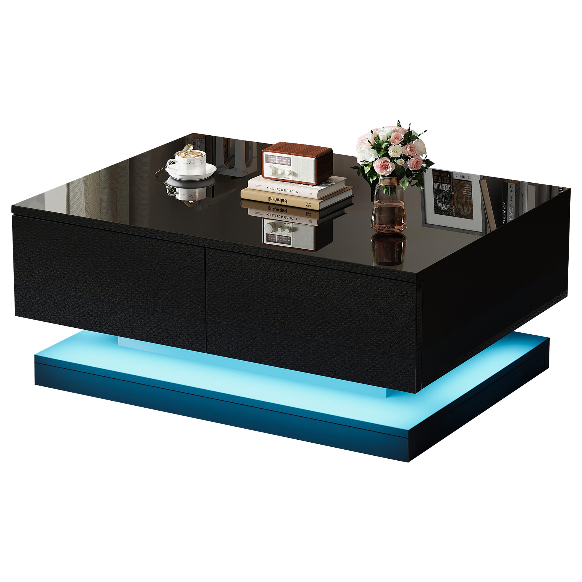 COUCHTISCH 90/50/38 cm schwarz mit 2 Schubladen und LED-Beleuchtung - Schwarz, Holzwerkstoff (90/50/38cm) - OKWISH