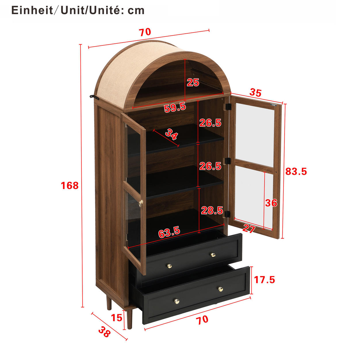 KOMMODE Retro Glas verstellbar Sideboard modern Aufbewahrung - Walnussfarben, Holzwerkstoff (70/168/38cm) - FLIEKS