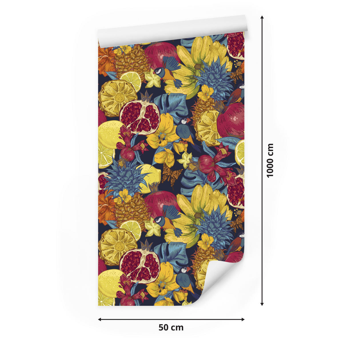 VLIESTAPETE Tropische Früchte, Blüten und Vögel – Bunt, Dunkelblau – 50x1000 cm - Multicolor/Dunkelblau, Papier (50/1000cm) - Muralo