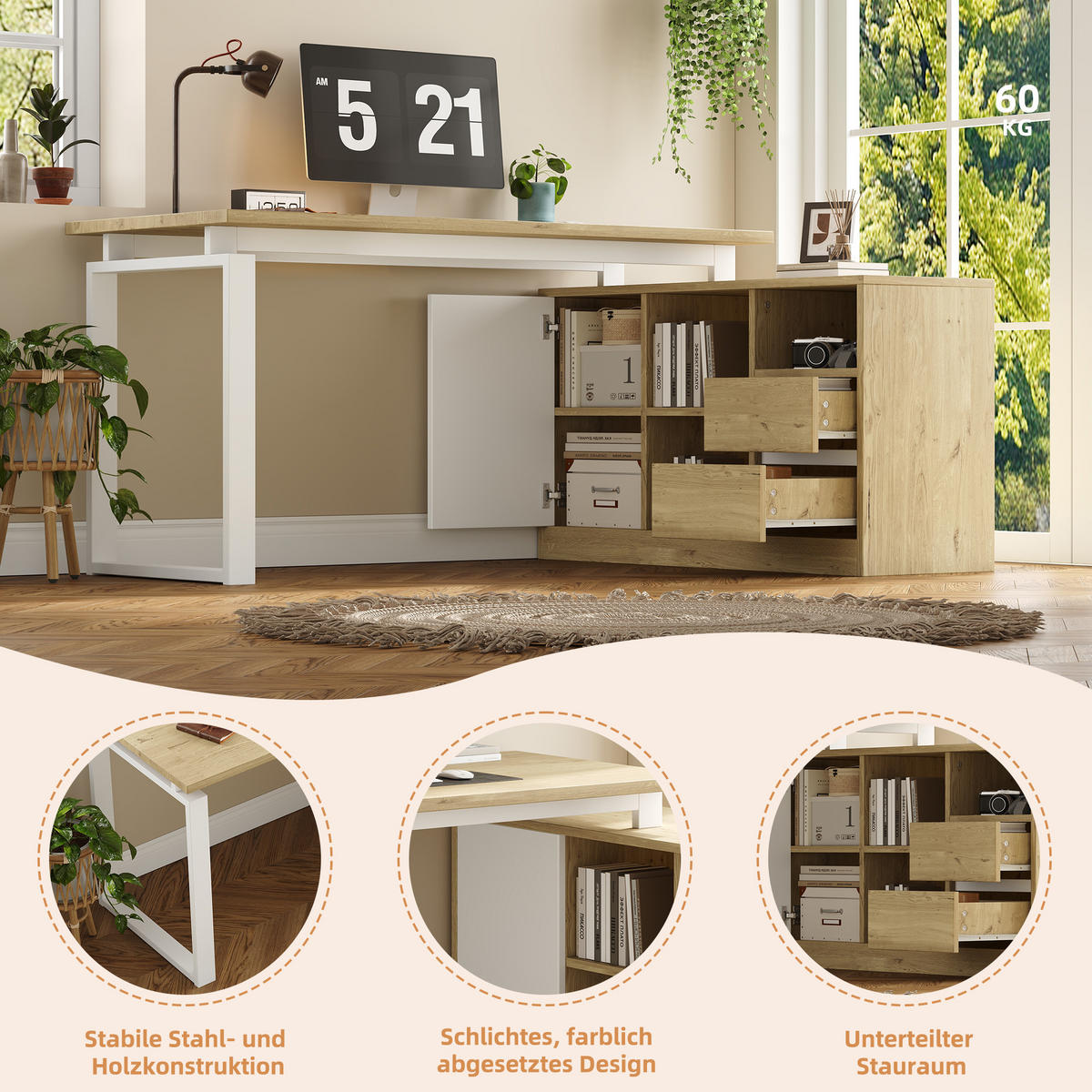 SCHREIBTISCH in Naturfarbe L-förmiger Bürotisch mit 2 Schubladen und verstellbaren Regalböden - Weiß/Naturfarben, Holzwerkstoff/Metall (40/113.5/76cm) - STILVORA