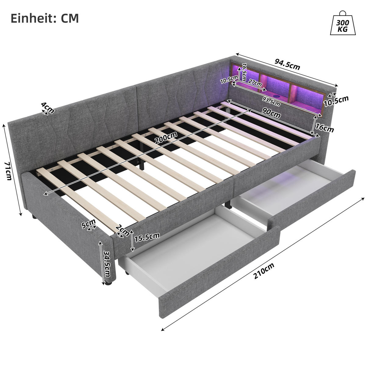 POLSTERBETT 90/200 cm mit Schubladen, LED und USB- und Type-C-Anschlüssen - Grau, Textil (90/200cm) - Flora Grace